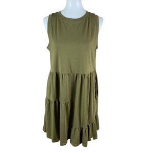 LoveTrust Olive Green Tiered Sleeveless Midi Dress Organic Cotton M Pockets